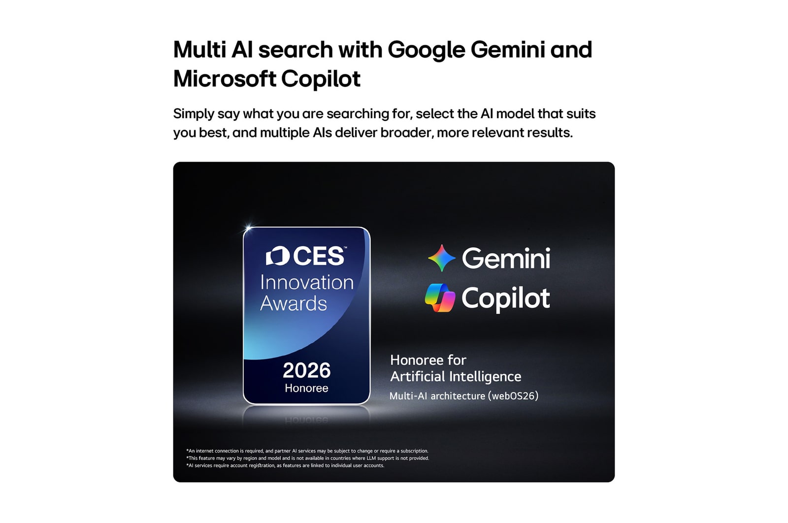 The 2026 CES Innovation Awards Honoree badge in the Artificial Intelligence category recognizes Multi-AI search with Google Gemini and Microsoft Copilot.